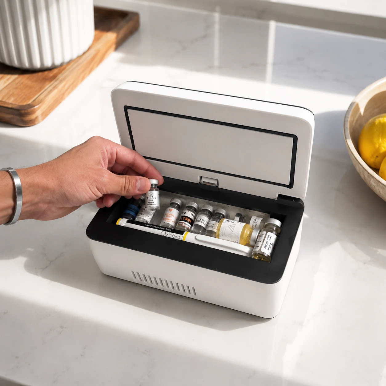 Taking a vial from the open cooler on a kitchen counter