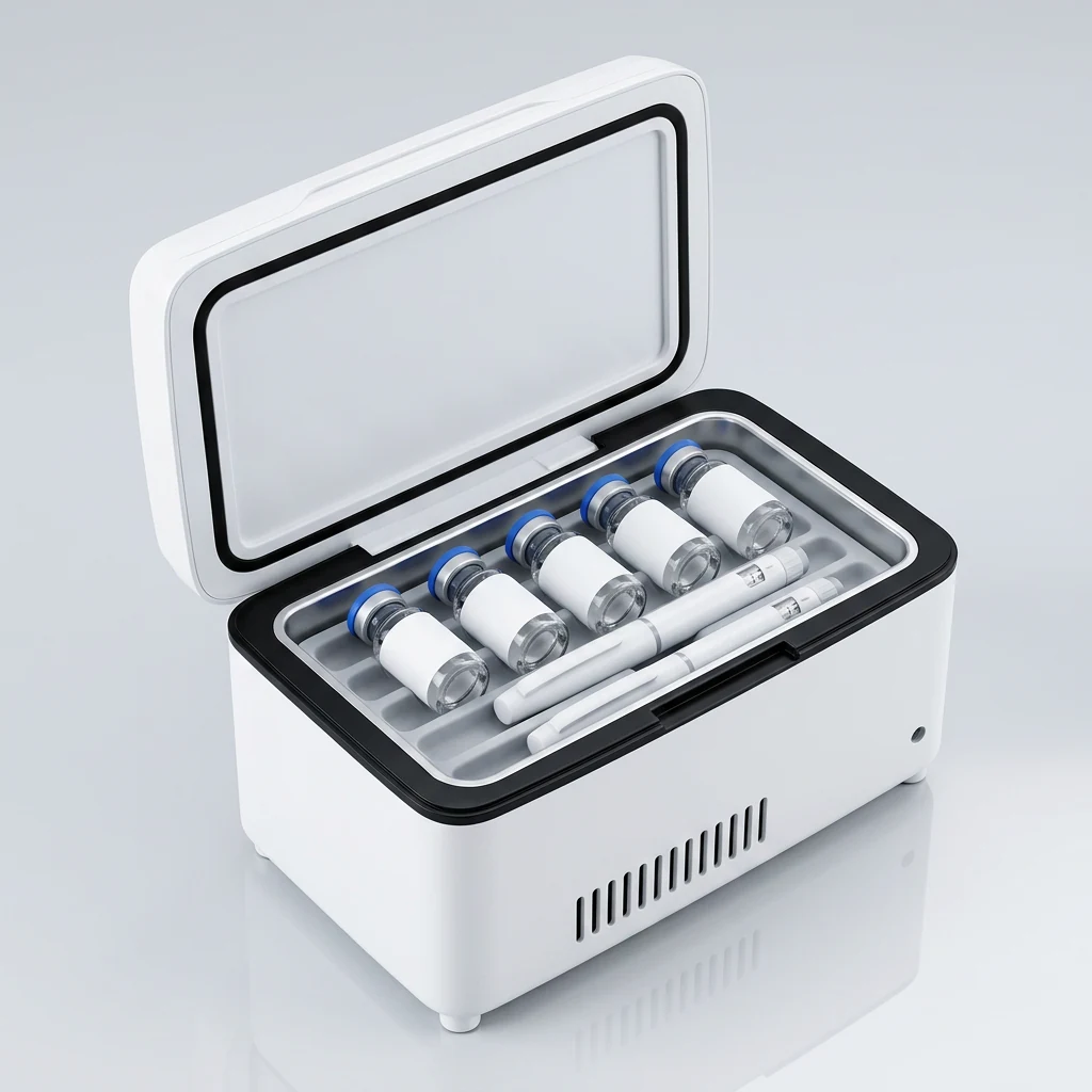 Vials and pens organised inside the portable cooler